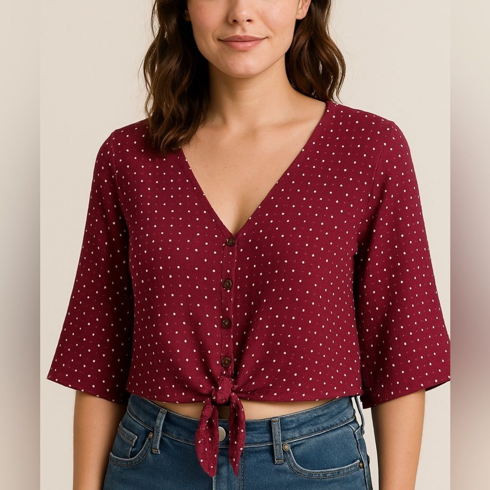 Rewind Red and White Polka Dot Button-Down Tie-Front Crop Top. Size Large